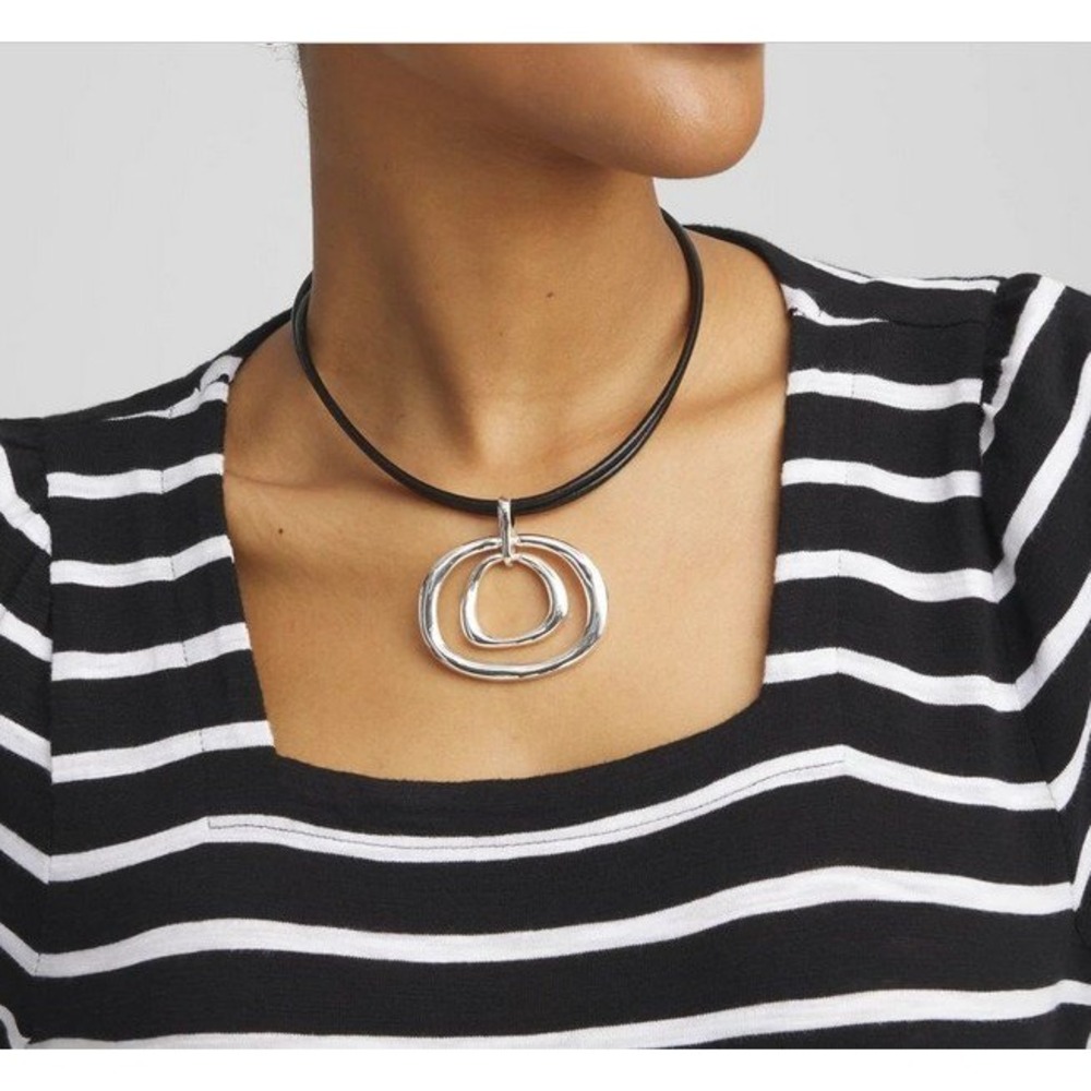 Chico's Silver‎ Tone Rings Pendant Necklace Double Strand Leather Cord 16"